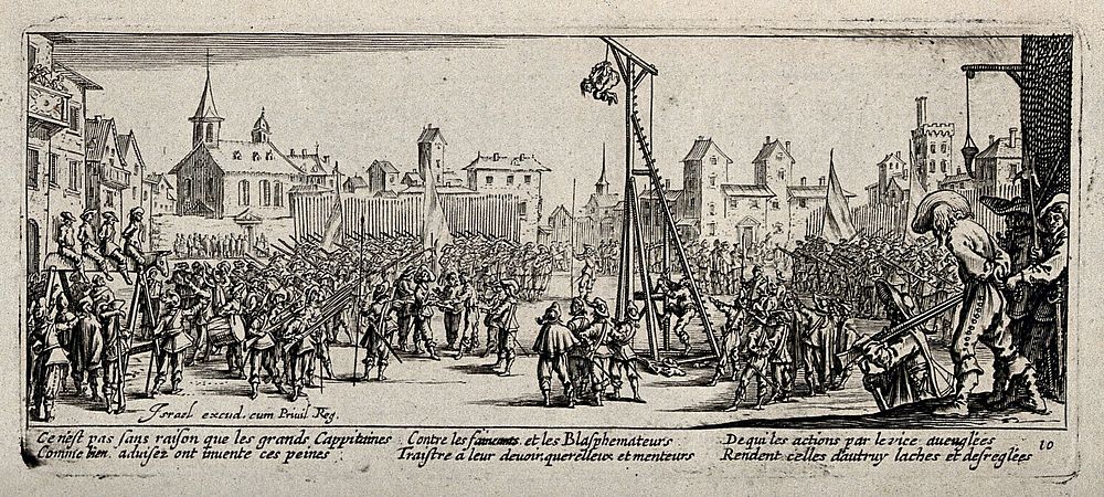 The punishment of criminal soldiers on a scaffold-like contraption called "Strappado". Etching after Jacques Callot, ca.…