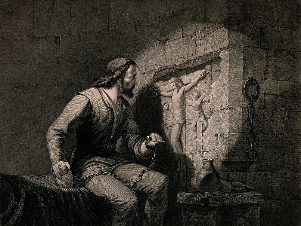 A prisoner sits in his cell and carves the Crucifixion in the wall with a nail. Engraving by F. Bacon after E.H. Wehnert.