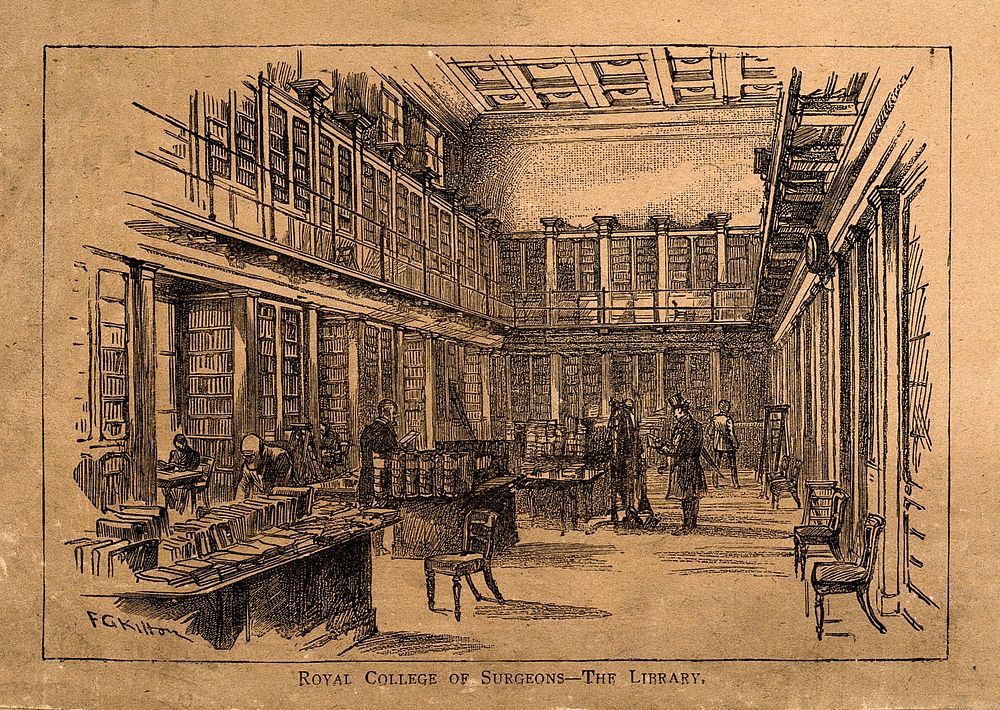 The Royal College of Surgeons, Lincoln's Inn Fields, London: the interior of the library. Wood engraving by F. G. Kitton…