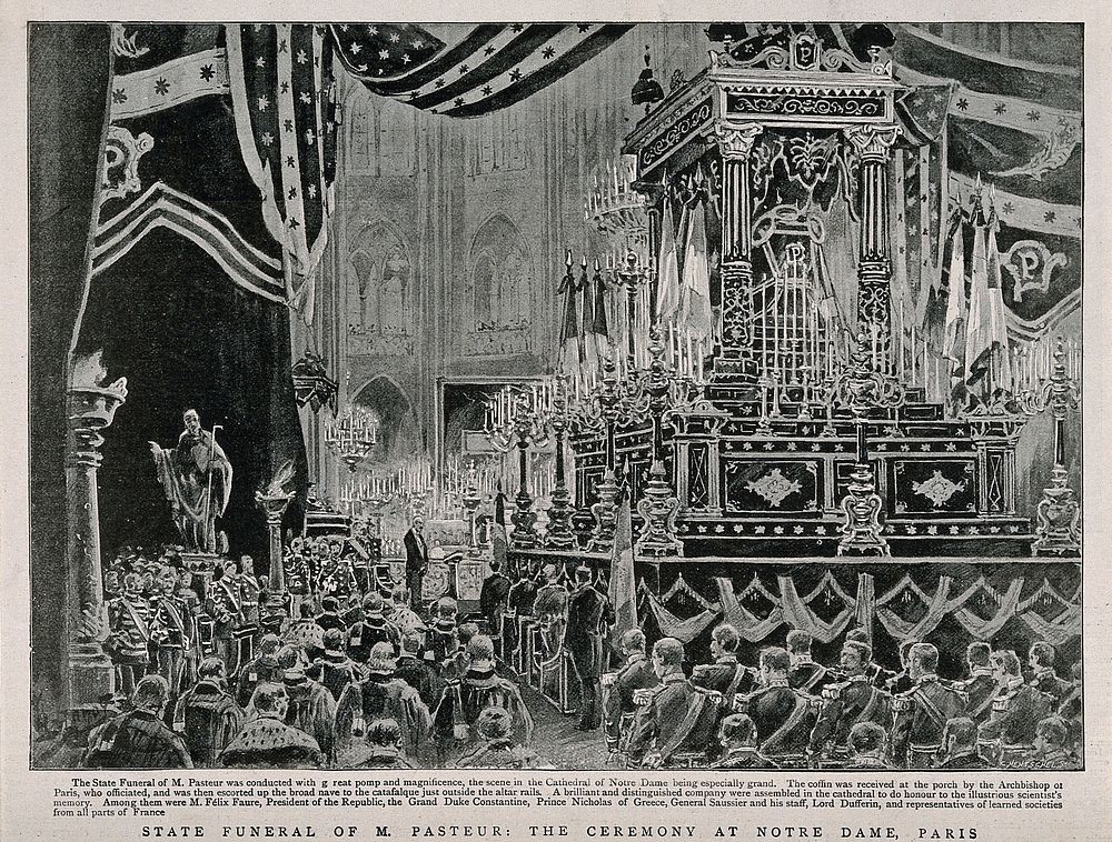 State funeral of Louis Pasteur at Notre Dame Cathedral in Paris. Process print by C. Hentschel, ca. 1895.