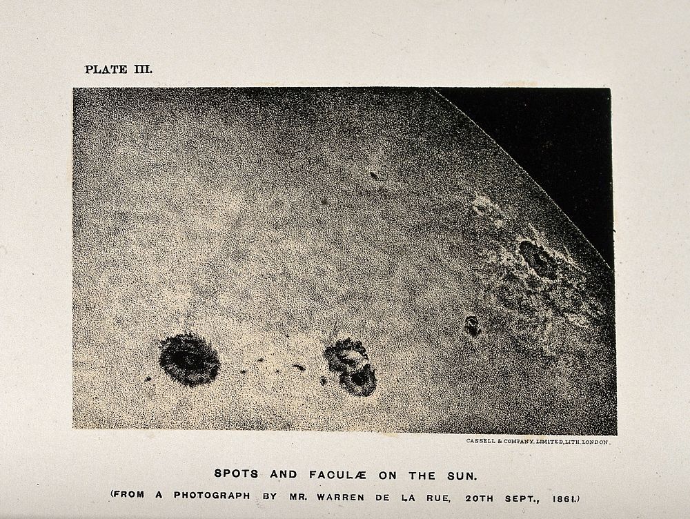 Astronomy: the sun, showing a sunspot. Lithograph after de la Mare.