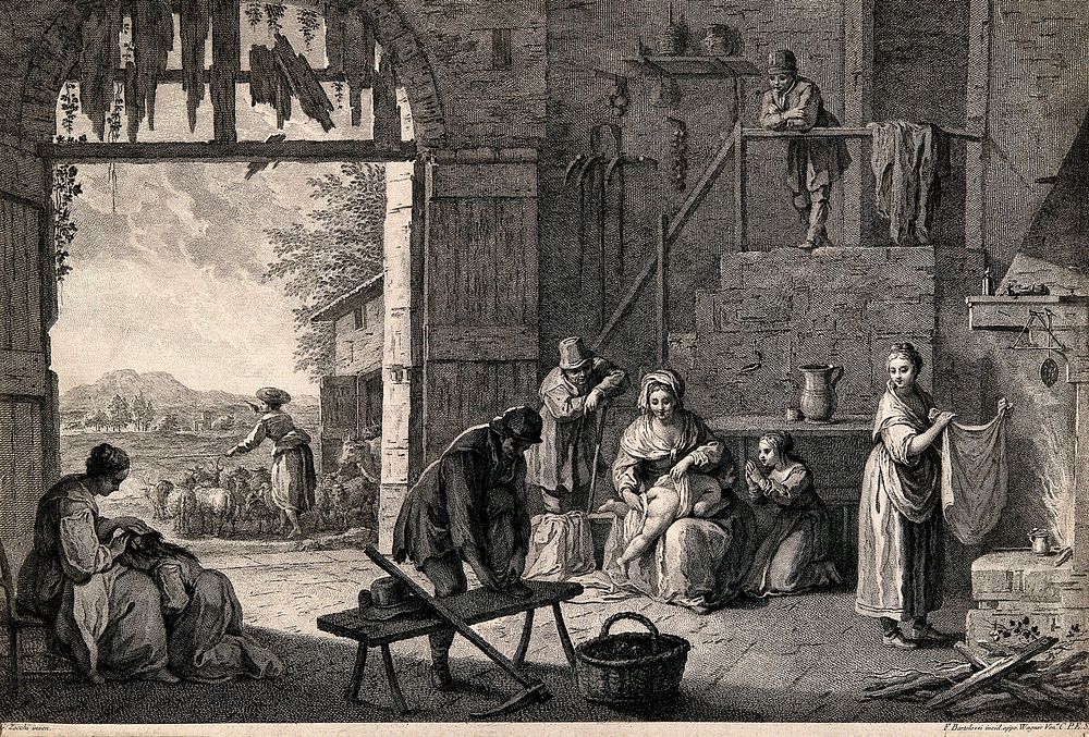 A peasant family in a farm-house. Etching by F. Bartolozzi after G. Zocchi.