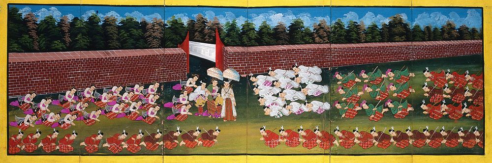 Burma: courtiers pay homage to a royal personage. Gouache painting.