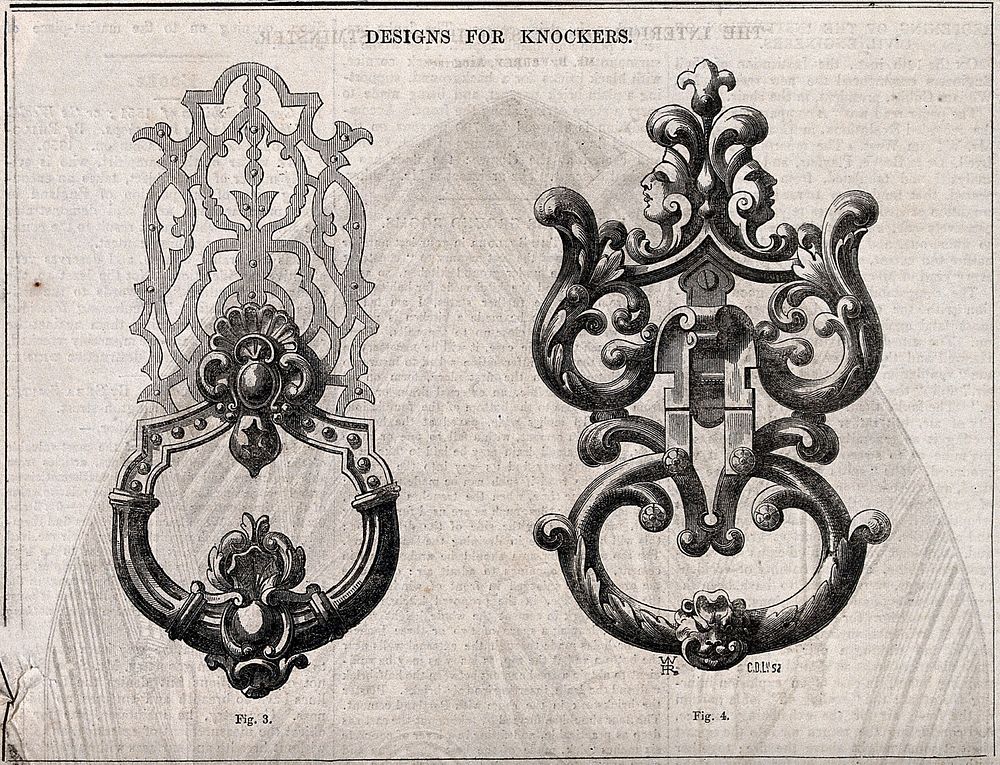 Architecture: two designs for door knockers. Wood engraving by C. D. Laing after W. H. Rogers, 1850.