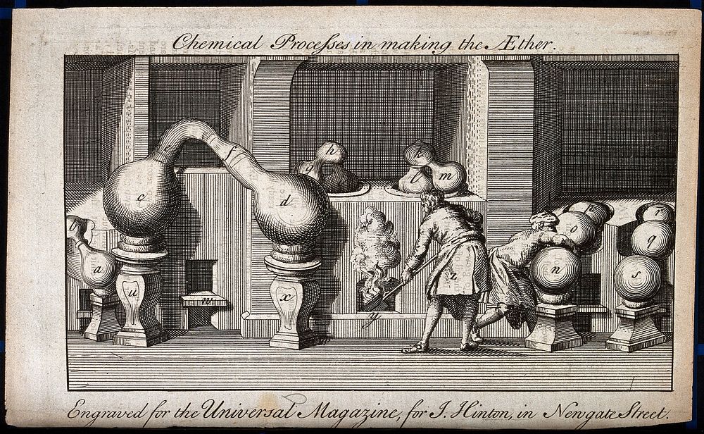 Chemistry: stages in the production of ether, showing varous retorts in use on furnaces. Engraving, 17--.
