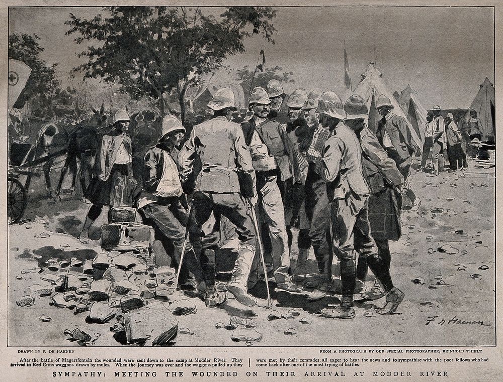 Boer War: wounded soldiers greeted with sympathy at Modder River Camp, after their trials at Magersfontein. Reproduction of…