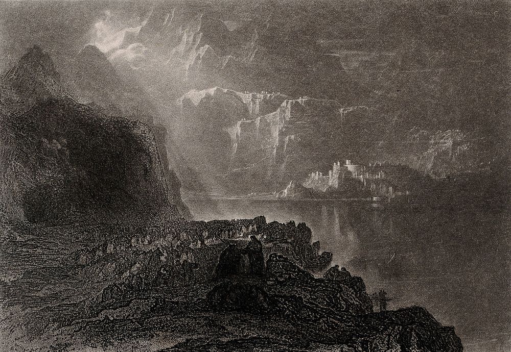 Christ feeds the five thousand in a sublime landscape. Mezzotint with engraving by J. Martin, 1835.