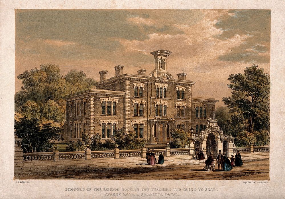 School of the London Society for Teaching the Blind to Read, Avenue Road, London: seen from the road. Coloured lithograph by…