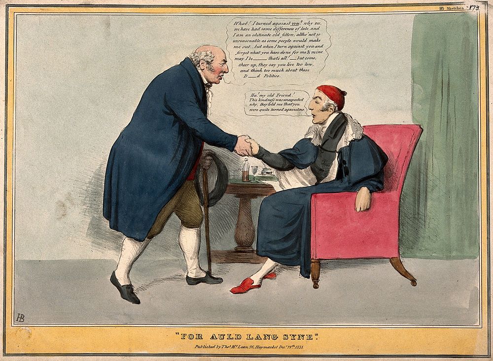 John Bull shaking the hand of a sick man; referring to Wellington's illness and depression due to political strain. Coloured…