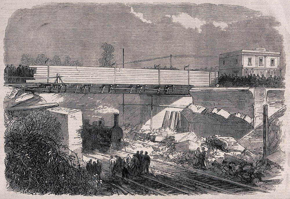 The fatal collapse of the Gloucester-Road bridge over the railway in West Croydon. Wood engraving, 1865.