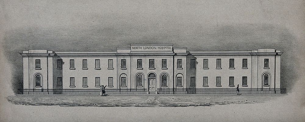North London Hospital (renamed University College Hospital): facade. Lithograph, c. 1834.