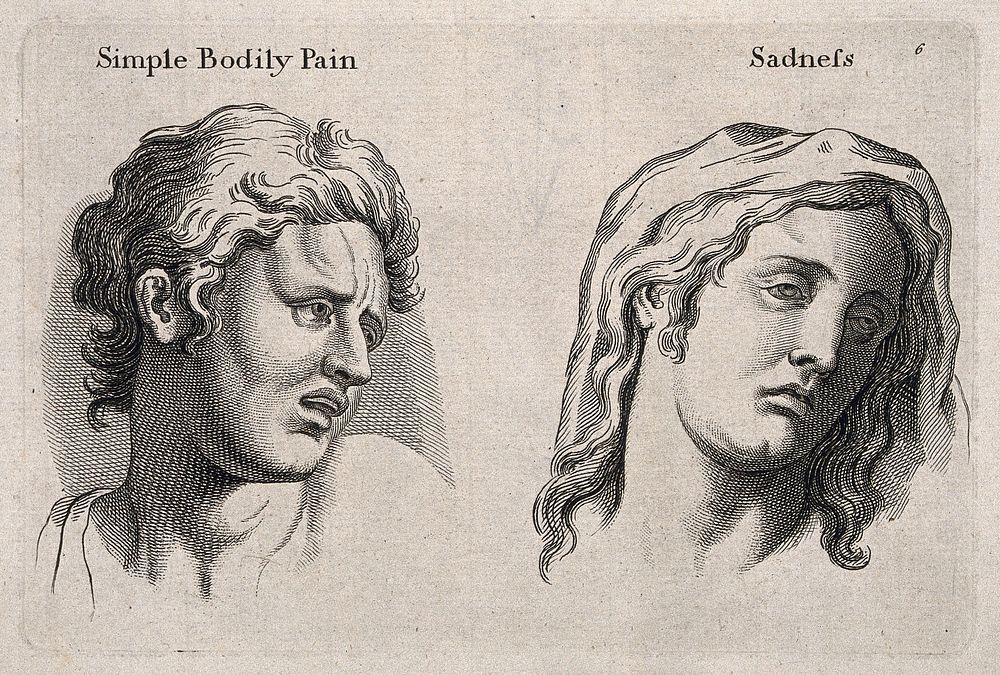 A face expressing 'simple bodily pain' (left) and a face (right) expressing sadness. Engraving, c. 1760, after C. Le Brun.