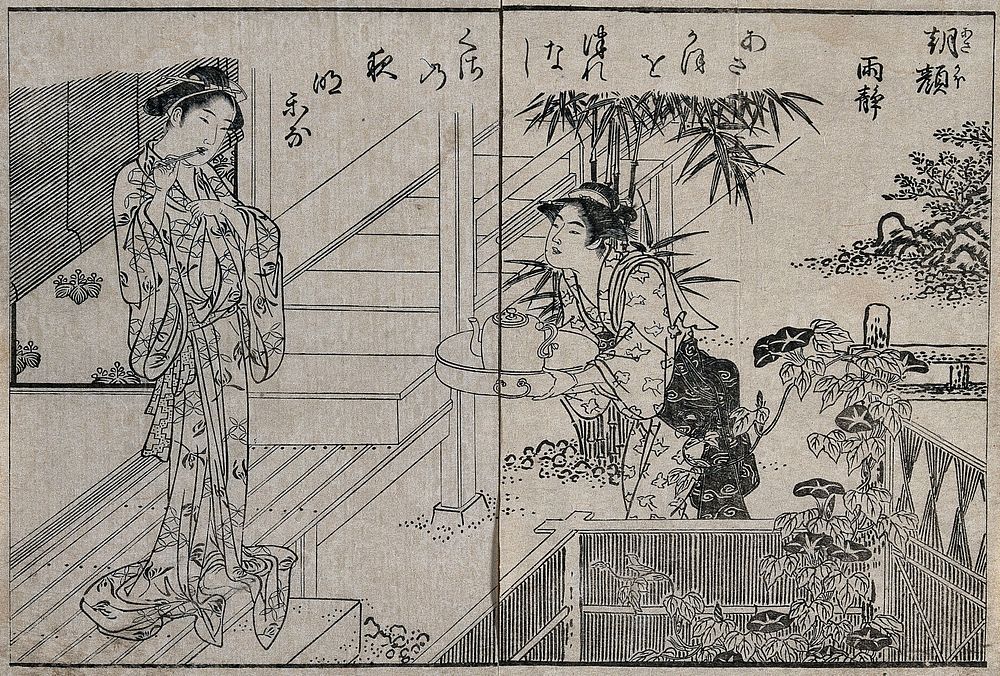 Left, a woman cleaning her teeth; right, a servant brings washing water. Woodcut by Shigemasa, 1778.
