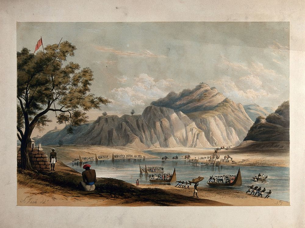 Transporting artillery by boat across the river Beas, Himachal Pradesh. Coloured lithograph after Alexander Jack, c. 1847.