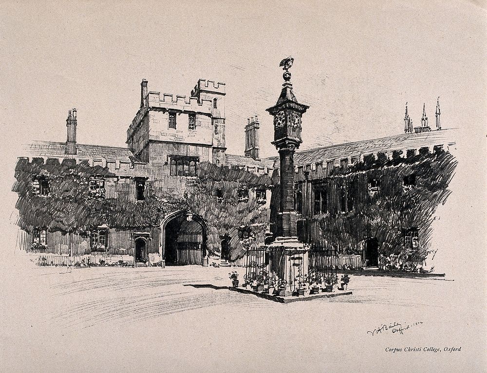 Corpus Christi College, Oxford: courtyard. Reproduction of a drawing by V.H. Bailey, 1902.