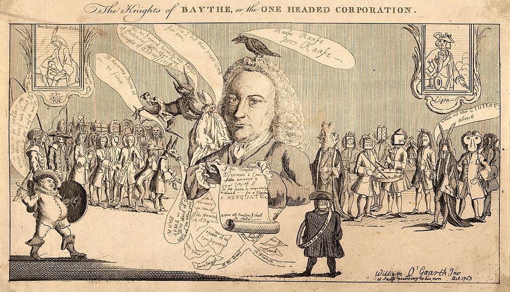 Ralph Allen making a speech to the Corporation of Bath. Etching by W. Hibbart, 1763.