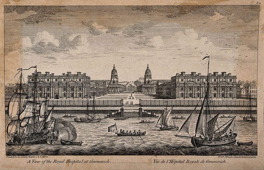 Royal Naval Hospital, Greenwich, with ships and rowing boats in the foreground. Engraving by T. Bowles, 1753.