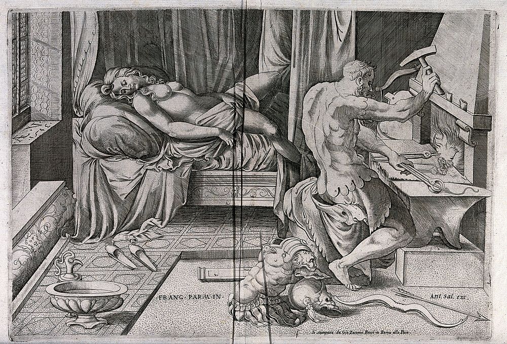 Vulcan forges metal chains while Venus sleeps. Engraving by Antonio Salamanca after G.F. Mazzola, il Parmigianino.