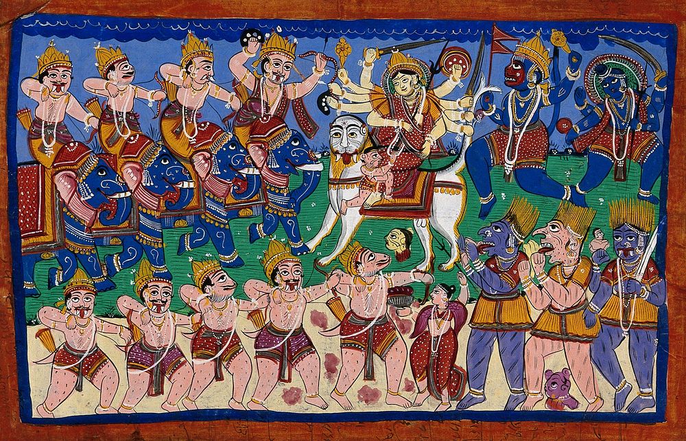 Durga mounted on her lion fighting a demon army. Gouache drawing.