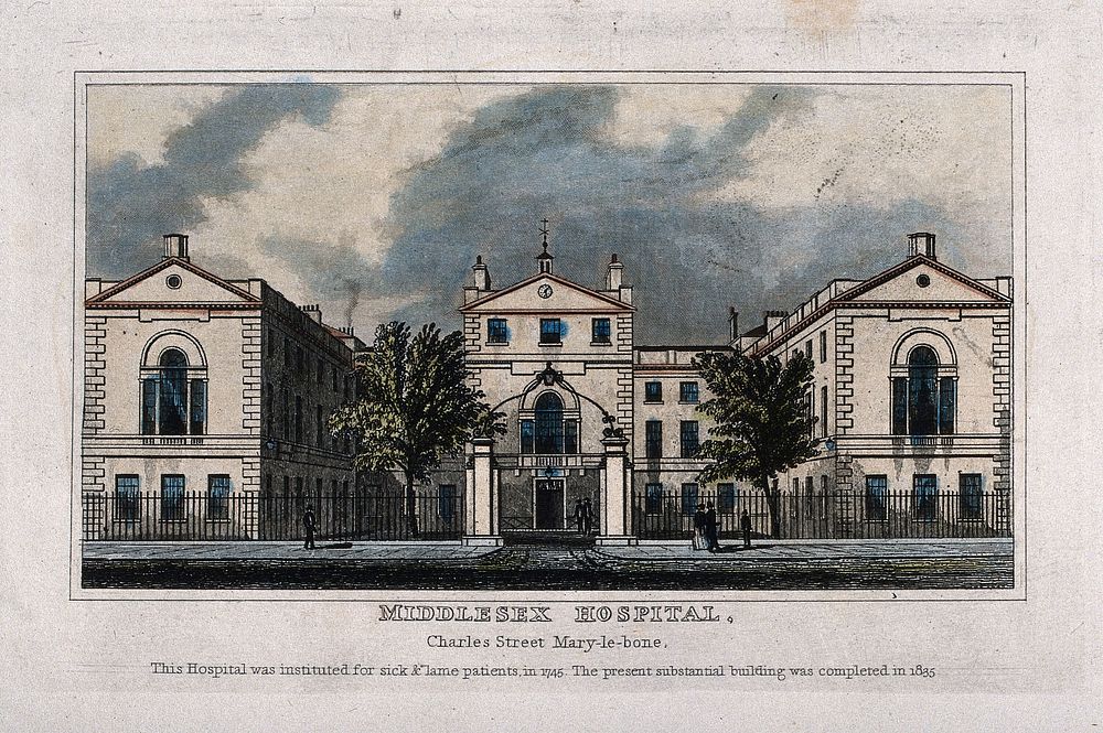The Middlesex Hospital: seen from the south. Coloured engraving.