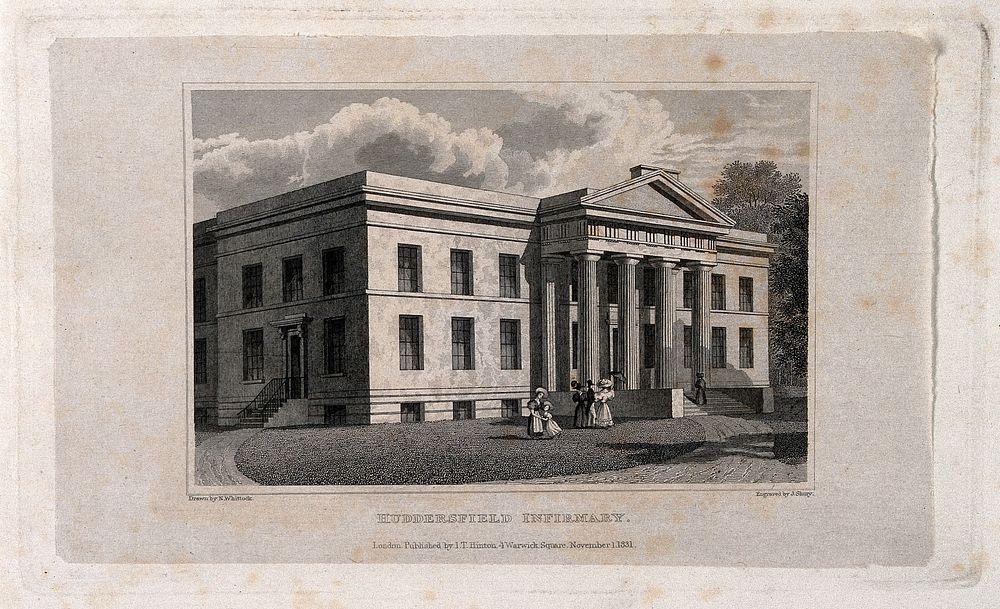 Huddersfield Infirmary, Huddersfield, Yorkshire. Line engraving by J. Shury, 1831, after N. Whittock.