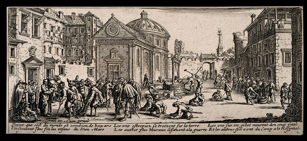Lame people, war victims and beggars receiving alms at a hospital. Etching after J. Callot.