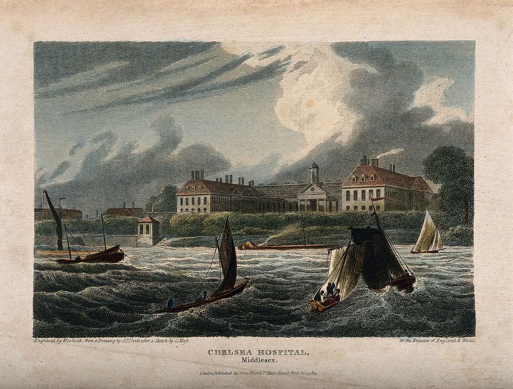 The Royal Hospital, Chelsea: looking from the Surrey side of the river in stormy weather. Coloured engraving, 1815, by W.…