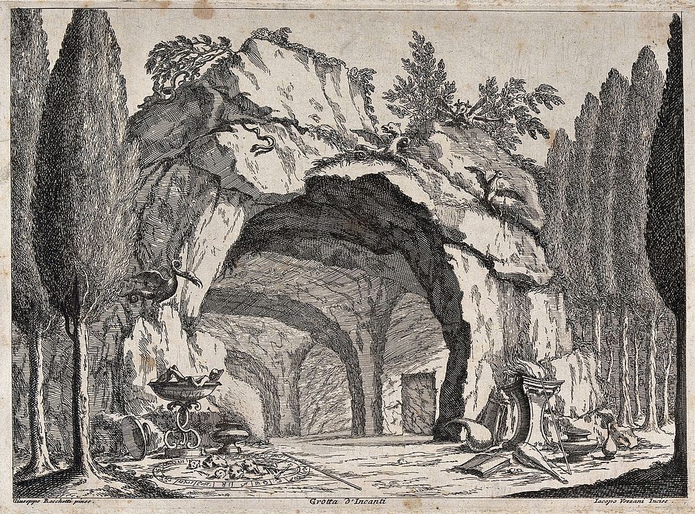 A grotto containing a magic circle, books and mythical creatures. Etching by J. Vezzani, 1728, after G. Rocchetti after P.…