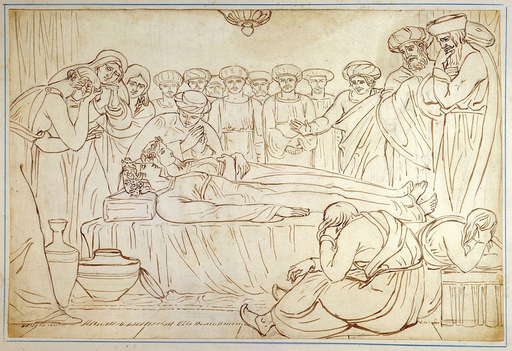 A young man and a young woman lying dead side by side, while they are mourned by men wearing turbans. Drawing attributed to…