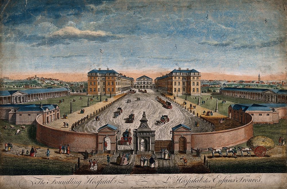 The Foundling Hospital, Holborn, London: a bird's-eye view of the courtyard. Coloured engraving by T. Bowles after L. P.…