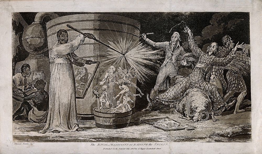 An evil magician raises demons from a distillery tub as onlookers fall back amazed. Coloured aquatint, c. 1808, after S. De…