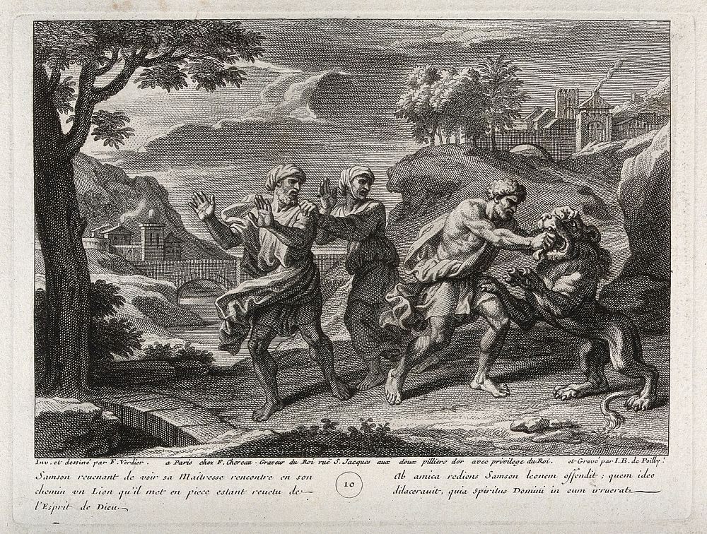 Samson kills the lion with his bare hands. Etching by J.B. de Poilly after F. Verdier, 1698.