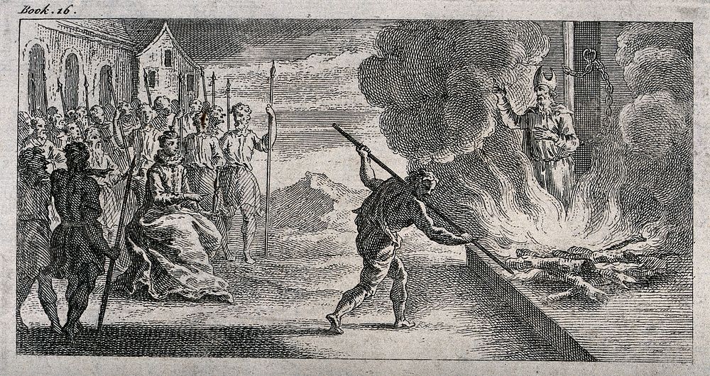 The death of Thomas Cranmer at the stake, burnt for heresy in 1556, with Queen Mary looking on. Etching.