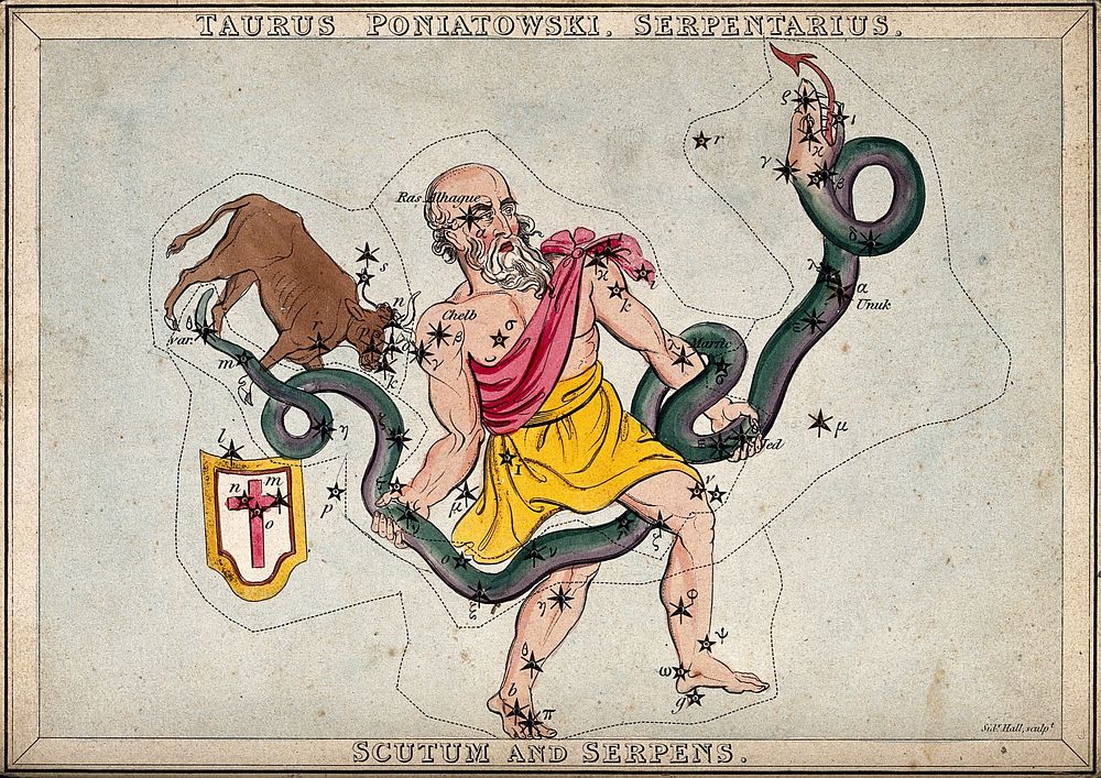 Astrology: constellations, Taurus. Coloured engraving.
