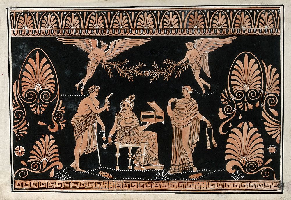 Detail of the decoration of a red-figured Greek vessel showing a seated woman holding an open casket (Pandora ) surrounded…