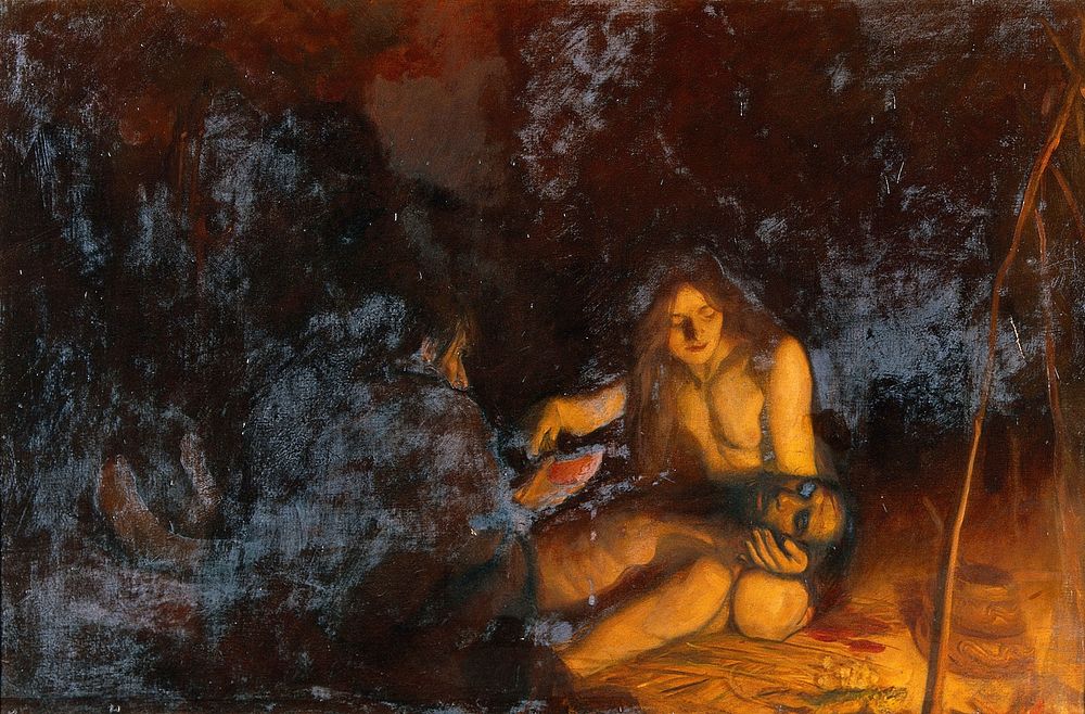 The healing art in pre-historic times. Oil painting by Ernest Board.