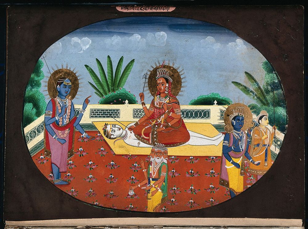 Centre, a form of Parvati seated on top of a recumbent Shiva; left, a manifestation of Shiva; foreground, Brahma; right…