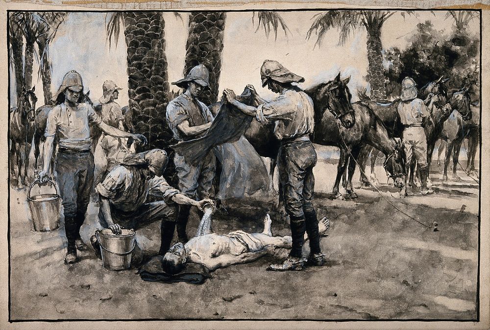Metemma, Ethiopia: soldiers treating a trooper with severe sunstroke. Watercolour by W.S. Paget, 1898, after W.T. Maud.