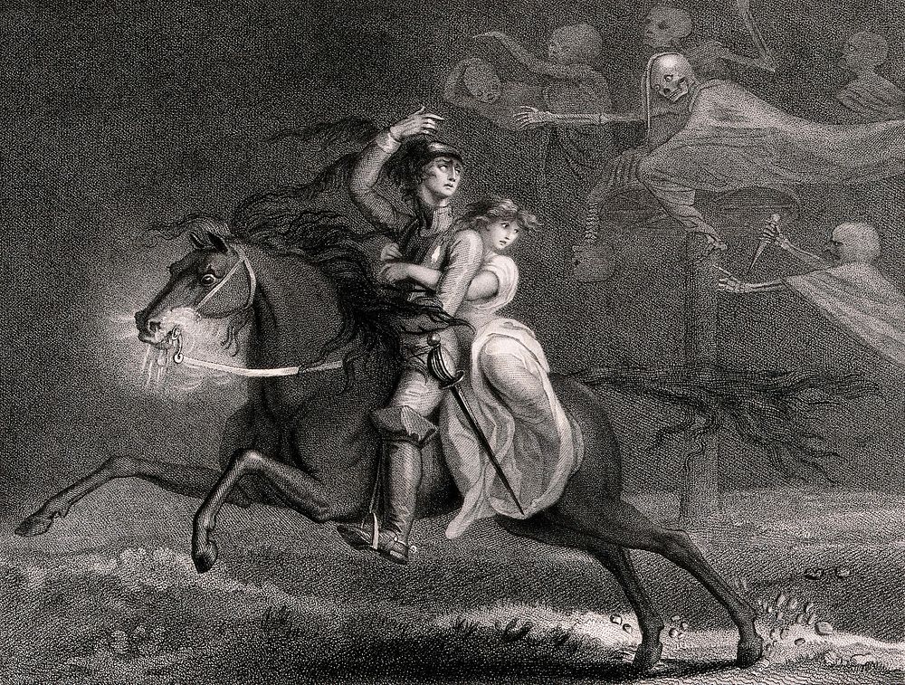 A knight and his lover astride a horse try to escape ghostly figures of Death. Engraving by Harding after Lady Diana…