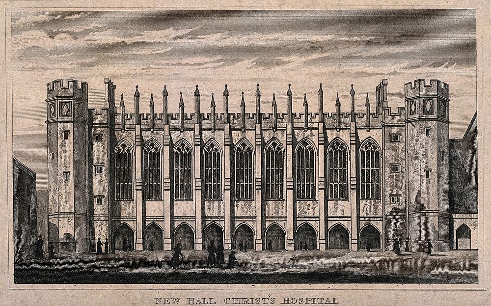Christ's Hospital, London: the exterior of the Hall. Engraving.