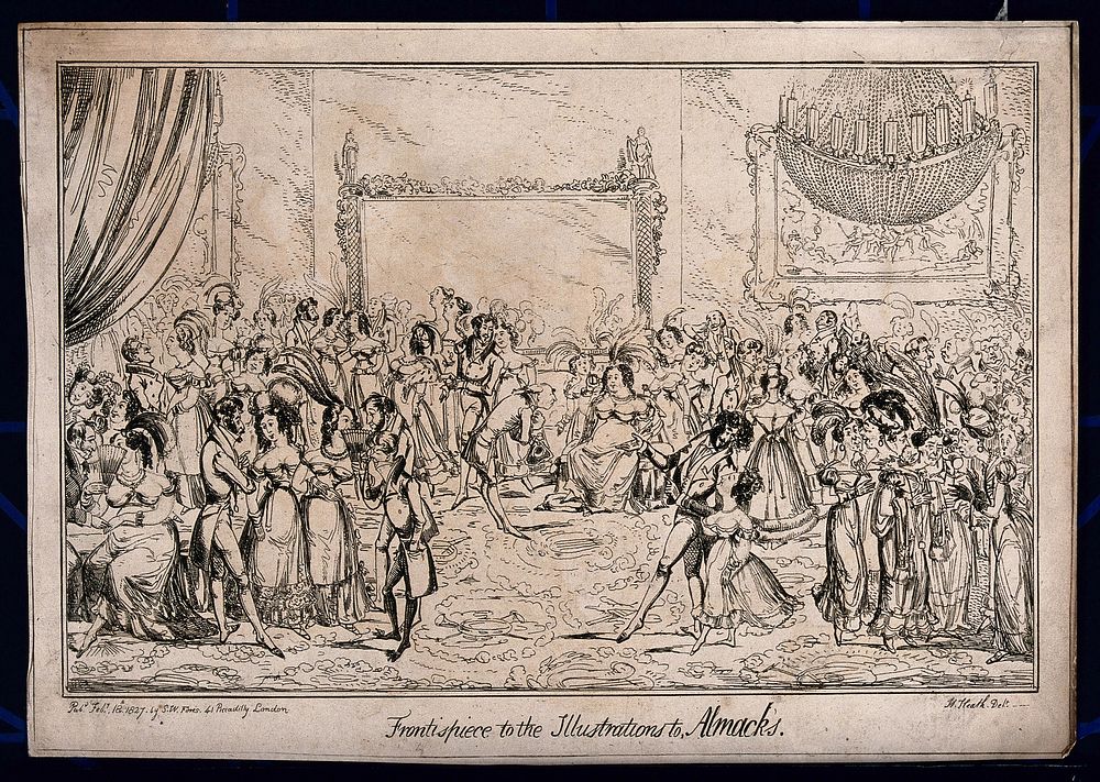 Couples stand and sit around a dance floor, some women have fans and some are being asked to dance. Etching after H. Heath.