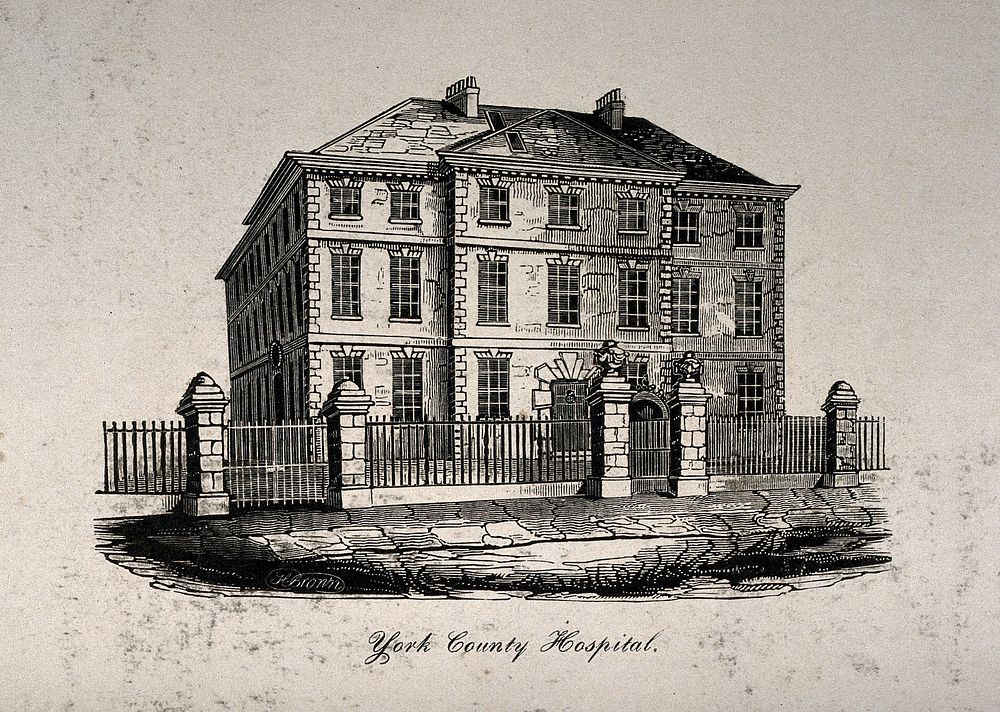 York County Hospital, York, England. Steel engraving by H. Crown.