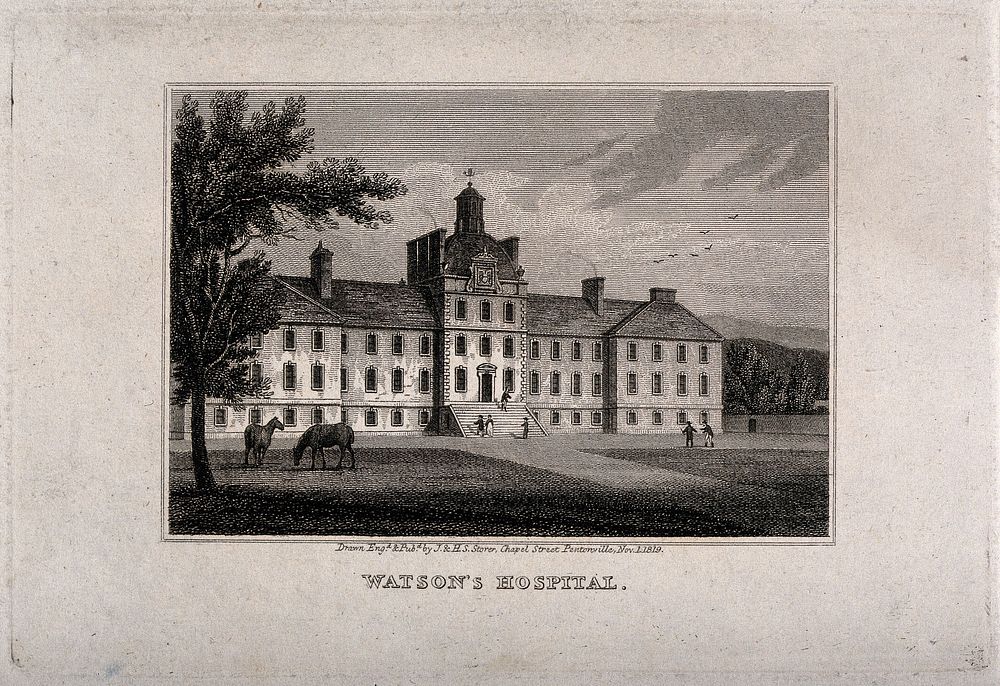 Watson's Hospital, Edinburgh, Scotland. Line engraving by J. & H.S. Storer, 1819.