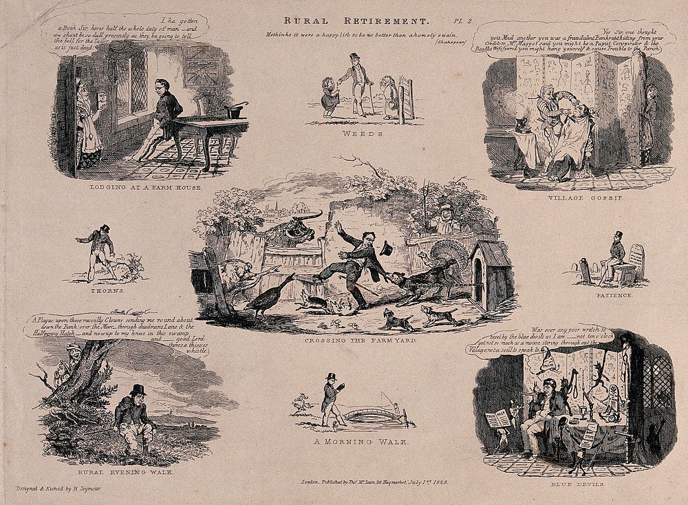 The pursuits of a man retired to the country. Etching by R. Seymour, 1829.