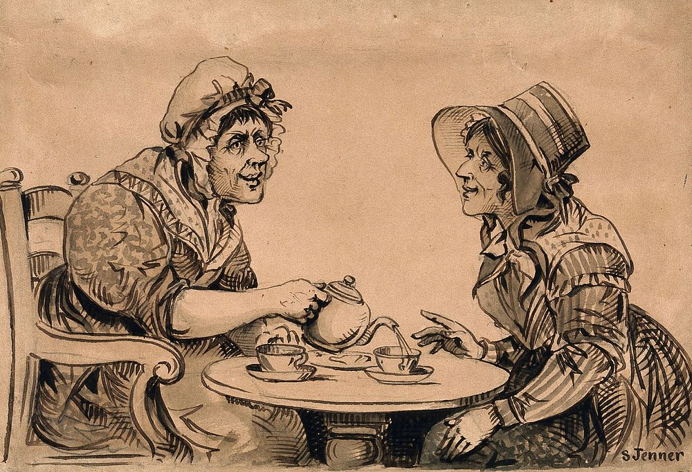 Two women taking tea at a small round table. Ink drawing by S. Jenner, ca. 1850.