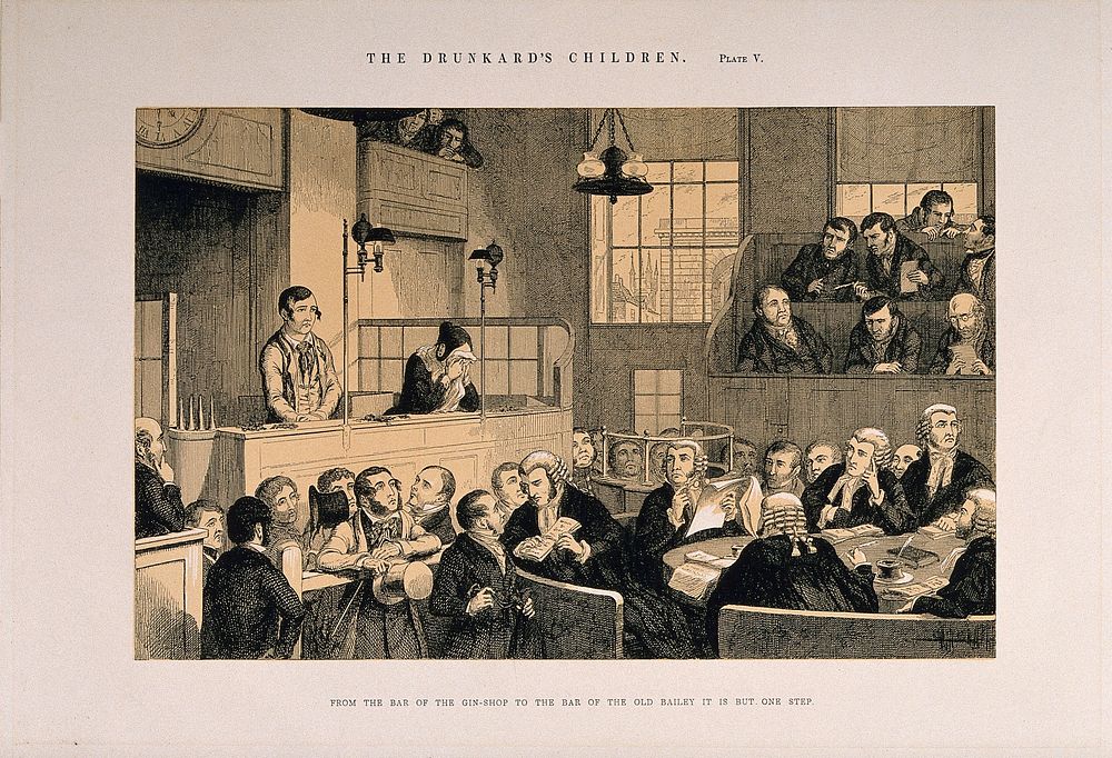 A convicted thief stands on trial in a packed law court while his sister weeps. Etching by G. Cruikshank, 1848, after…
