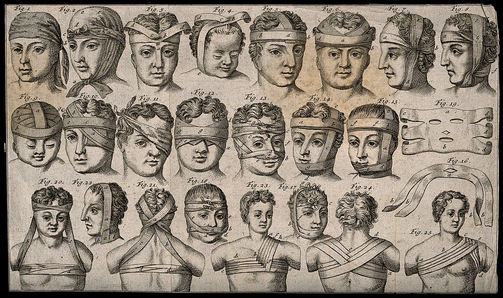 Three heads illustrating different methods of bandaging them and the jaw. Stipple engraving by J. Bell.