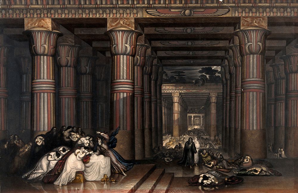 The killing of the Egyptian firstborn by God. Coloured mezzotint by J. Martin, 1836, after himself.