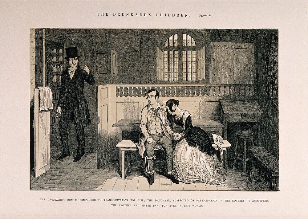 A convicted thief sits in prison with his distraught sister who has been acquitted. Etching by G. Cruikshank, 1848, after…