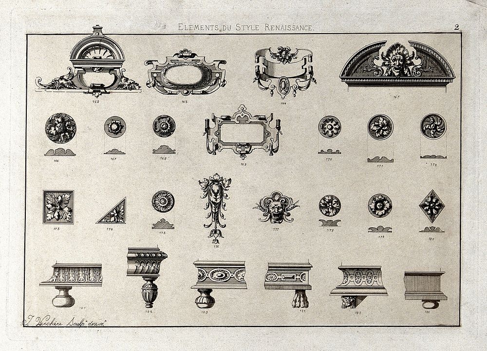 Cabinet-making: decorative architectural elements. Etching by J. Verchère after himself, 1880.